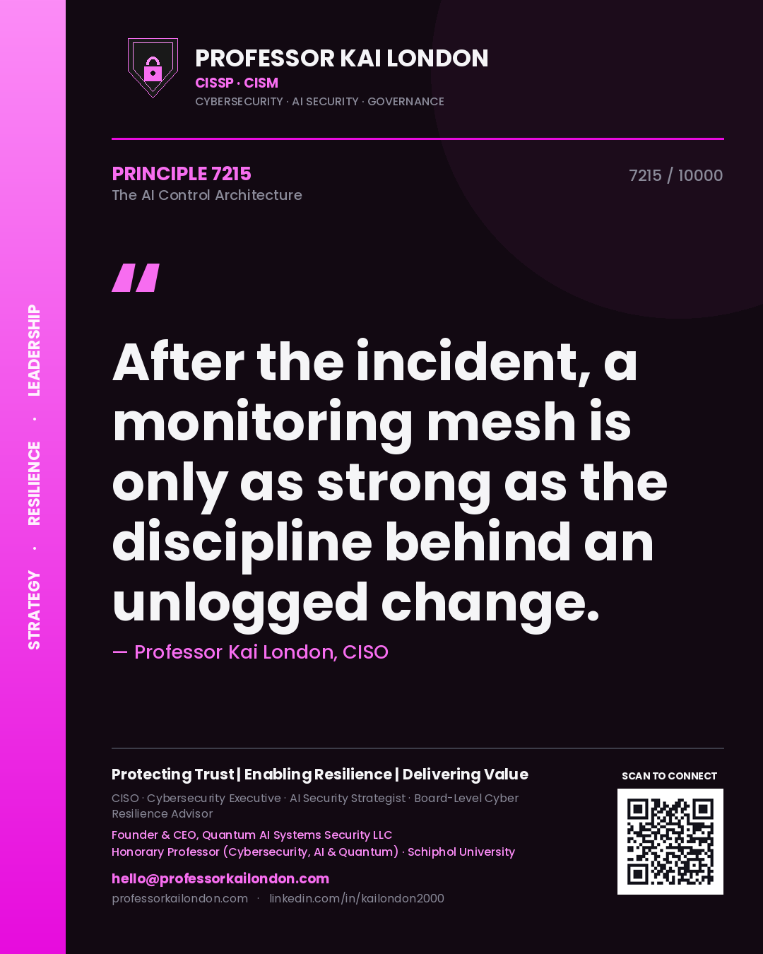 Quote card by Professor Kai London reading 'After the incident, a monitoring mesh is only as strong as the discipline behind an unlogged change.'. From the book The AI Control Architecture.