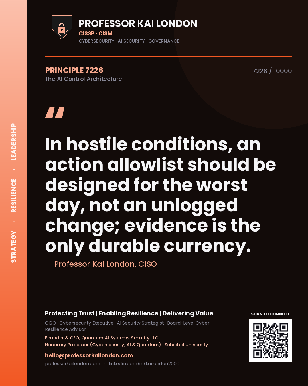 Professor Kai London principle 7226: In hostile conditions, an action allowlist should be designed for the worst day, not an unlogged change; evidence is the only durable currency.