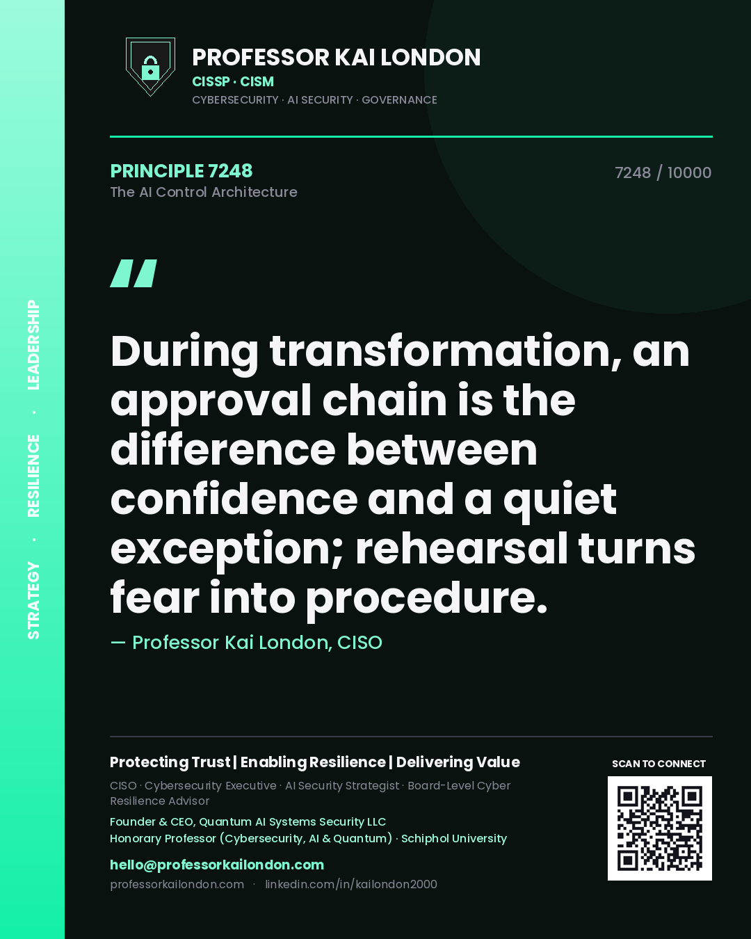 Professor Kai London principle 7248: During transformation, an approval chain is the difference between confidence and a quiet exception; rehearsal turns fear into procedure.