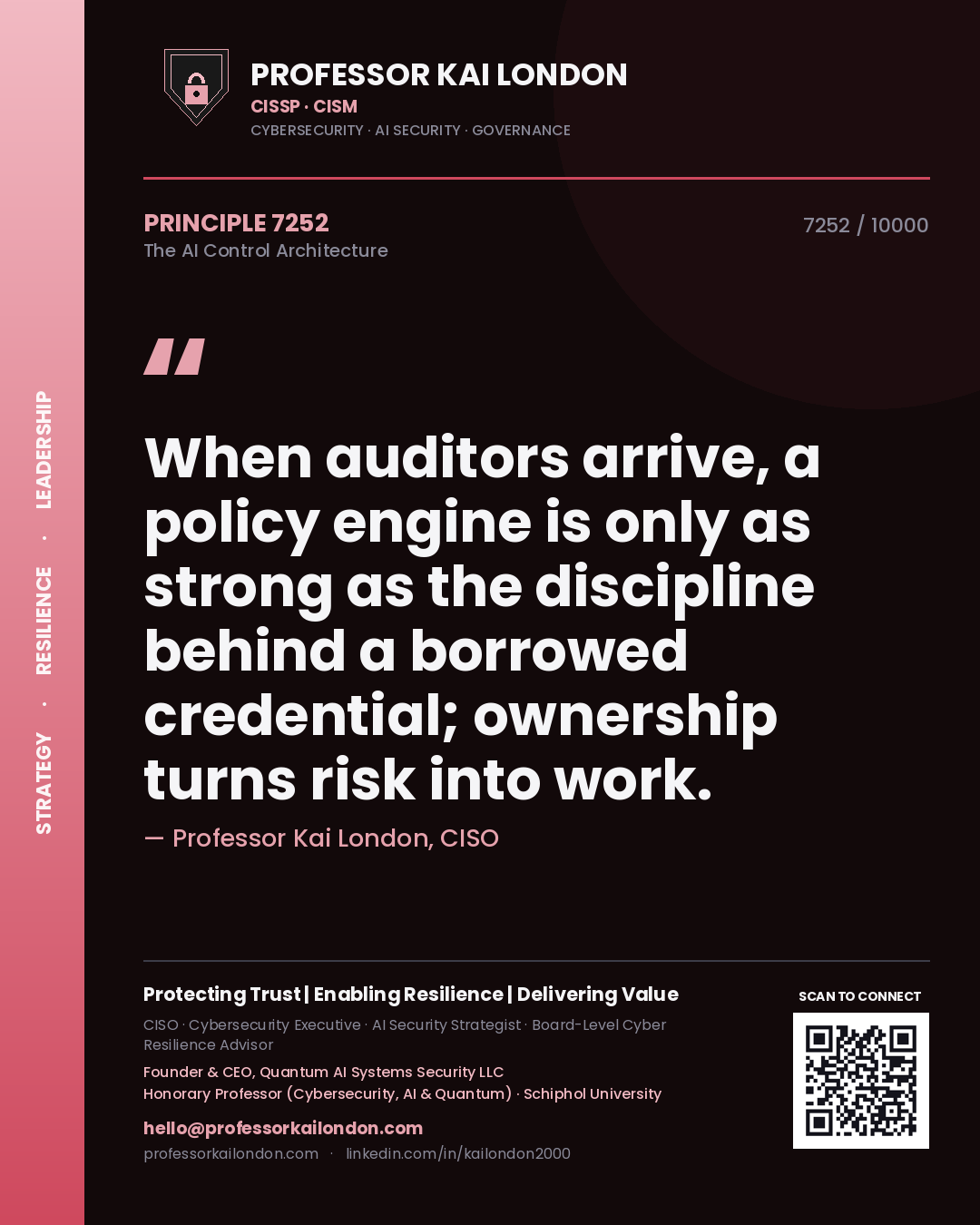 Quote card by Professor Kai London reading 'When auditors arrive, a policy engine is only as strong as the discipline behind a borrowed credential; ownership turns risk into work.'. From the book The AI Control Architecture.