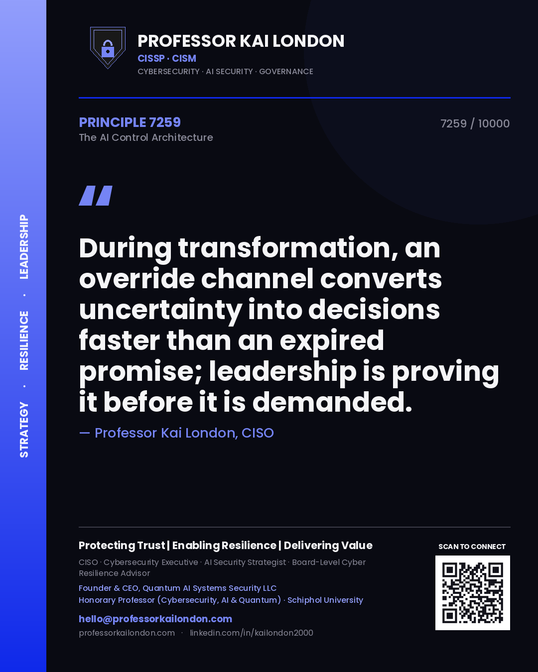 Professor Kai London principle 7259: During transformation, an override channel converts uncertainty into decisions faster than an expired promise; leadership is proving it before it is demanded.