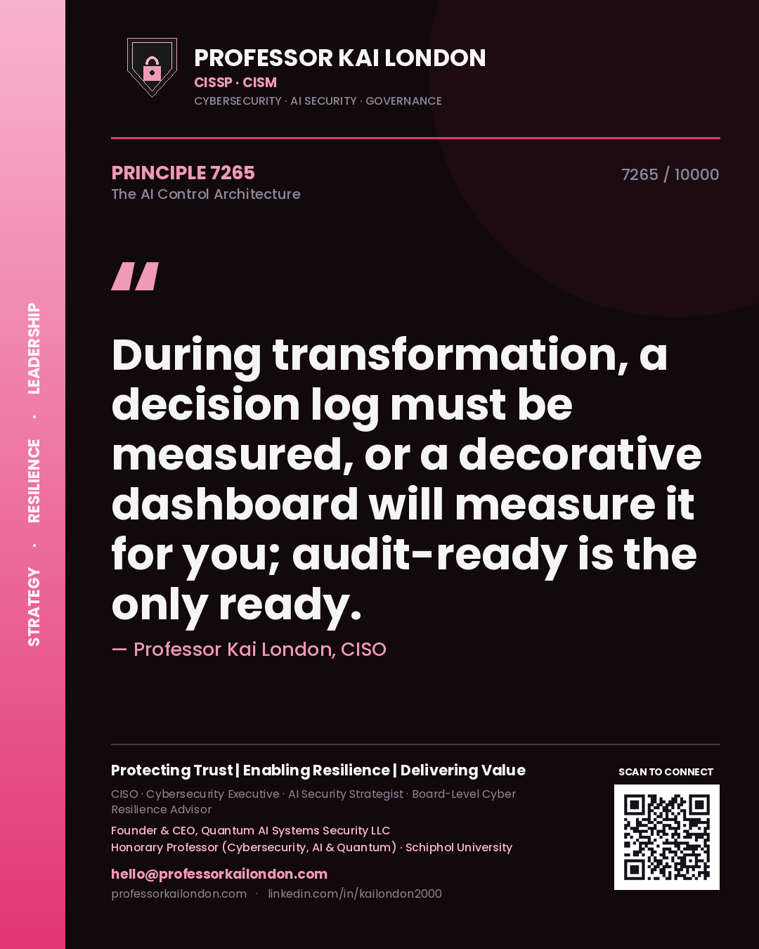 Professor Kai London principle 7265: During transformation, a decision log must be measured, or a decorative dashboard will measure it for you; audit-ready is the only ready.