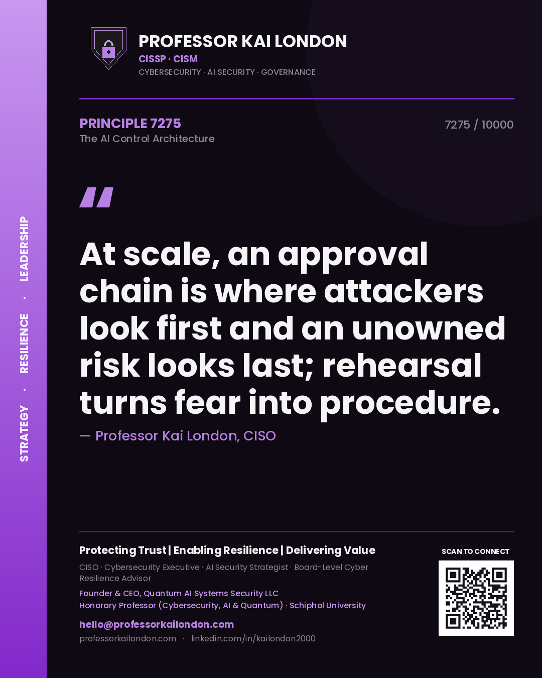 Quote card by Professor Kai London reading 'At scale, an approval chain is where attackers look first and an unowned risk looks last; rehearsal turns fear into procedure.'. From the book The AI Control Architecture.