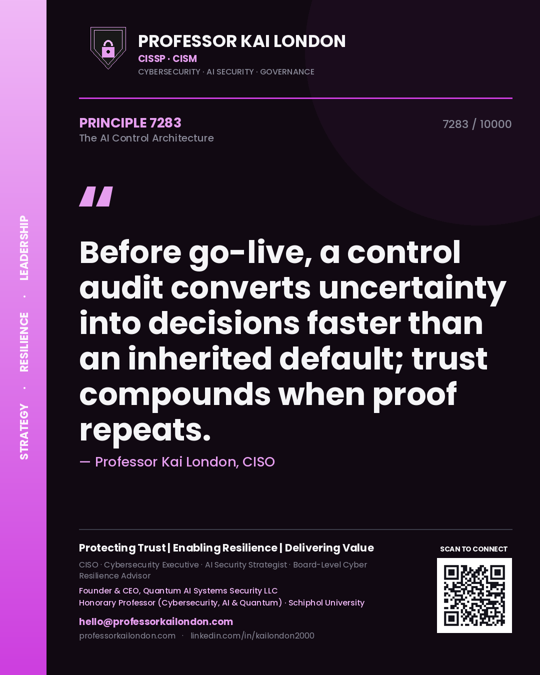 Professor Kai London principle 7283: Before go-live, a control audit converts uncertainty into decisions faster than an inherited default; trust compounds when proof repeats.