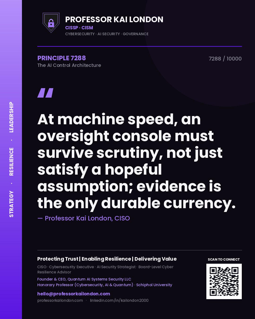 Professor Kai London principle 7288: At machine speed, an oversight console must survive scrutiny, not just satisfy a hopeful assumption; evidence is the only durable currency.