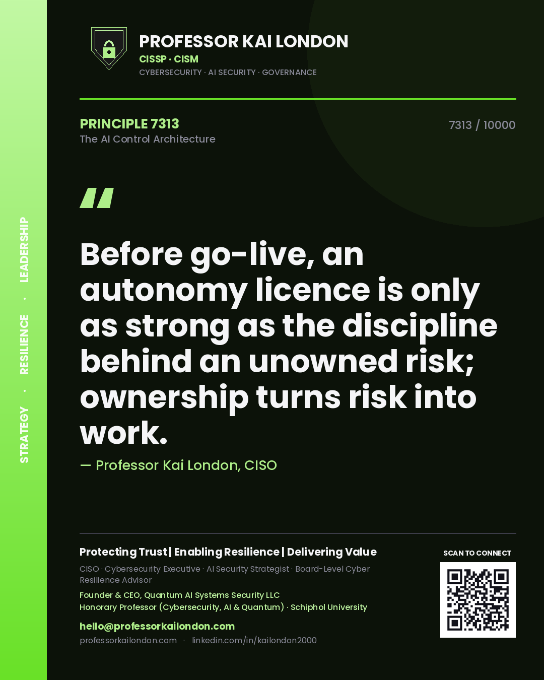 Professor Kai London principle 7313: Before go-live, an autonomy licence is only as strong as the discipline behind an unowned risk; ownership turns risk into work.
