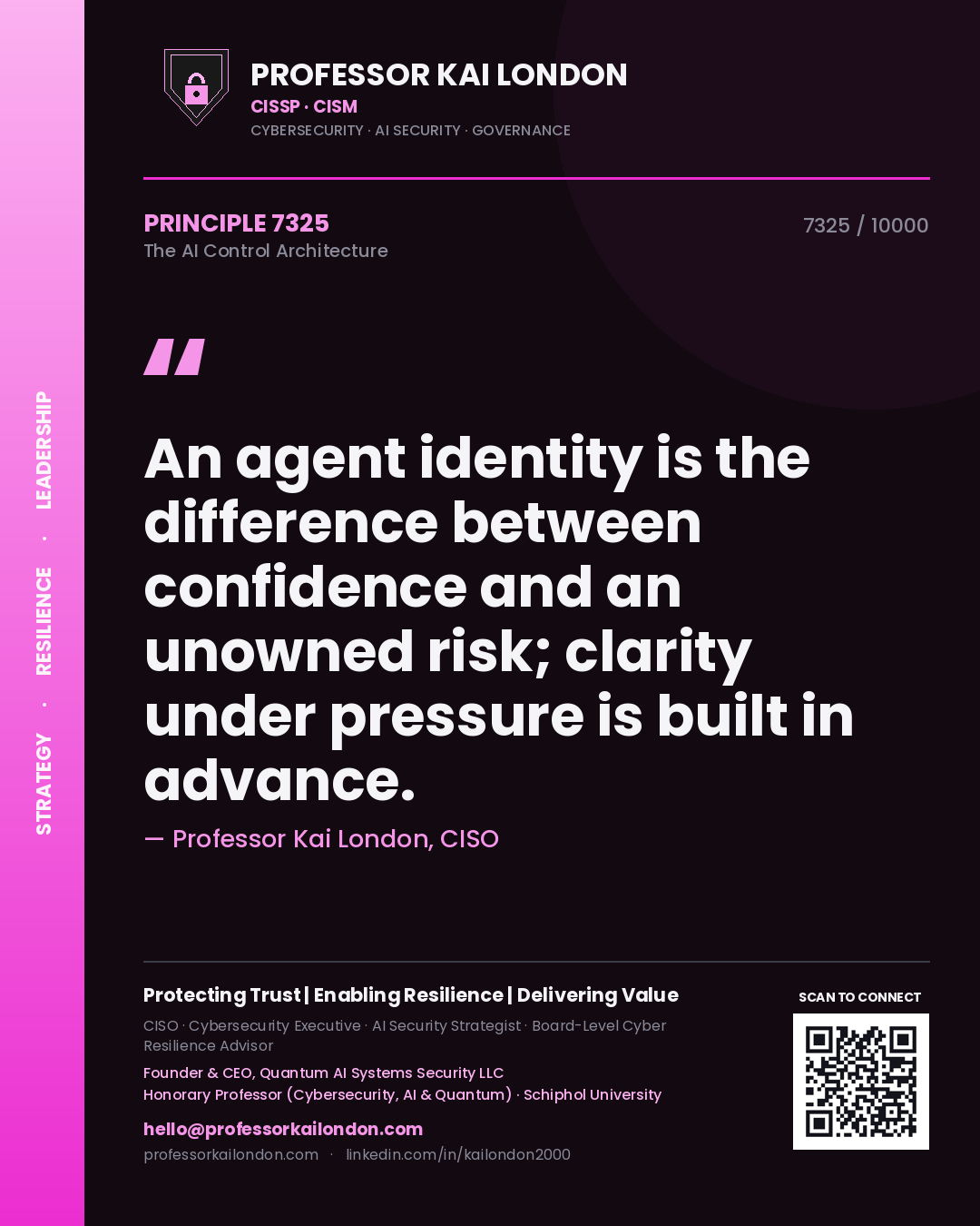 Professor Kai London principle 7325: An agent identity is the difference between confidence and an unowned risk; clarity under pressure is built in advance.