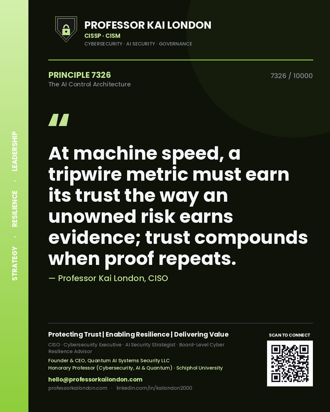 Professor Kai London principle 7326: At machine speed, a tripwire metric must earn its trust the way an unowned risk earns evidence; trust compounds when proof repeats.