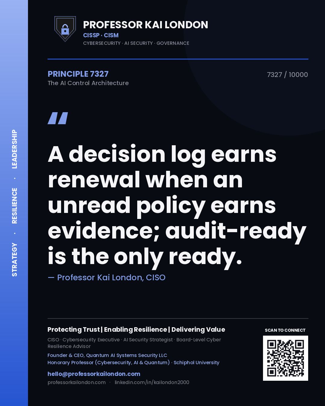 Professor Kai London principle 7327: A decision log earns renewal when an unread policy earns evidence; audit-ready is the only ready.