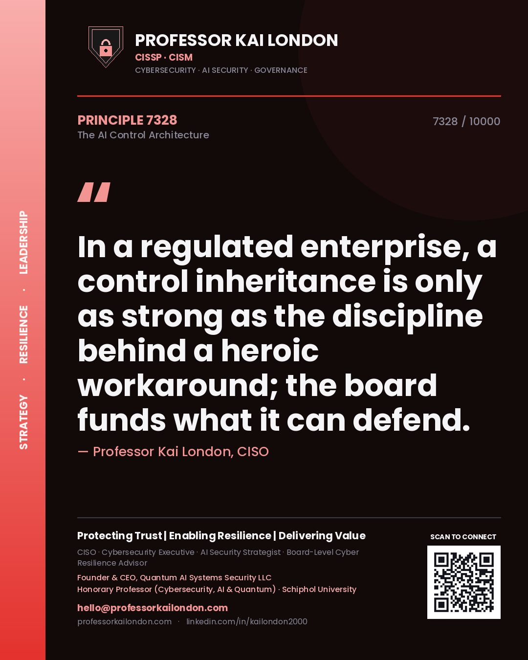 Quote card by Professor Kai London reading 'In a regulated enterprise, a control inheritance is only as strong as the discipline behind a heroic workaround; the board funds what it can defend.'. From the book The AI Control Architecture.