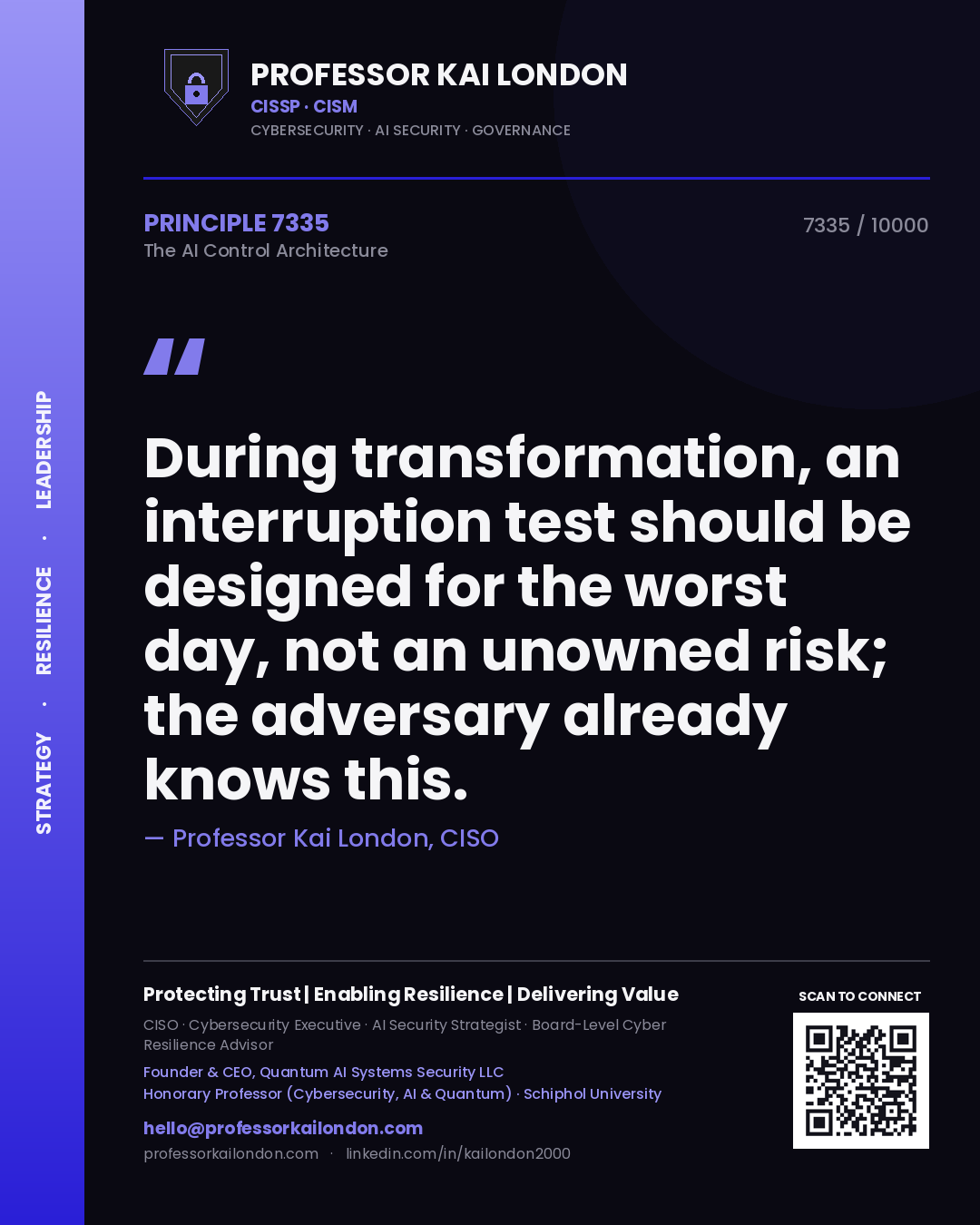 Professor Kai London principle 7335: During transformation, an interruption test should be designed for the worst day, not an unowned risk; the adversary already knows this.