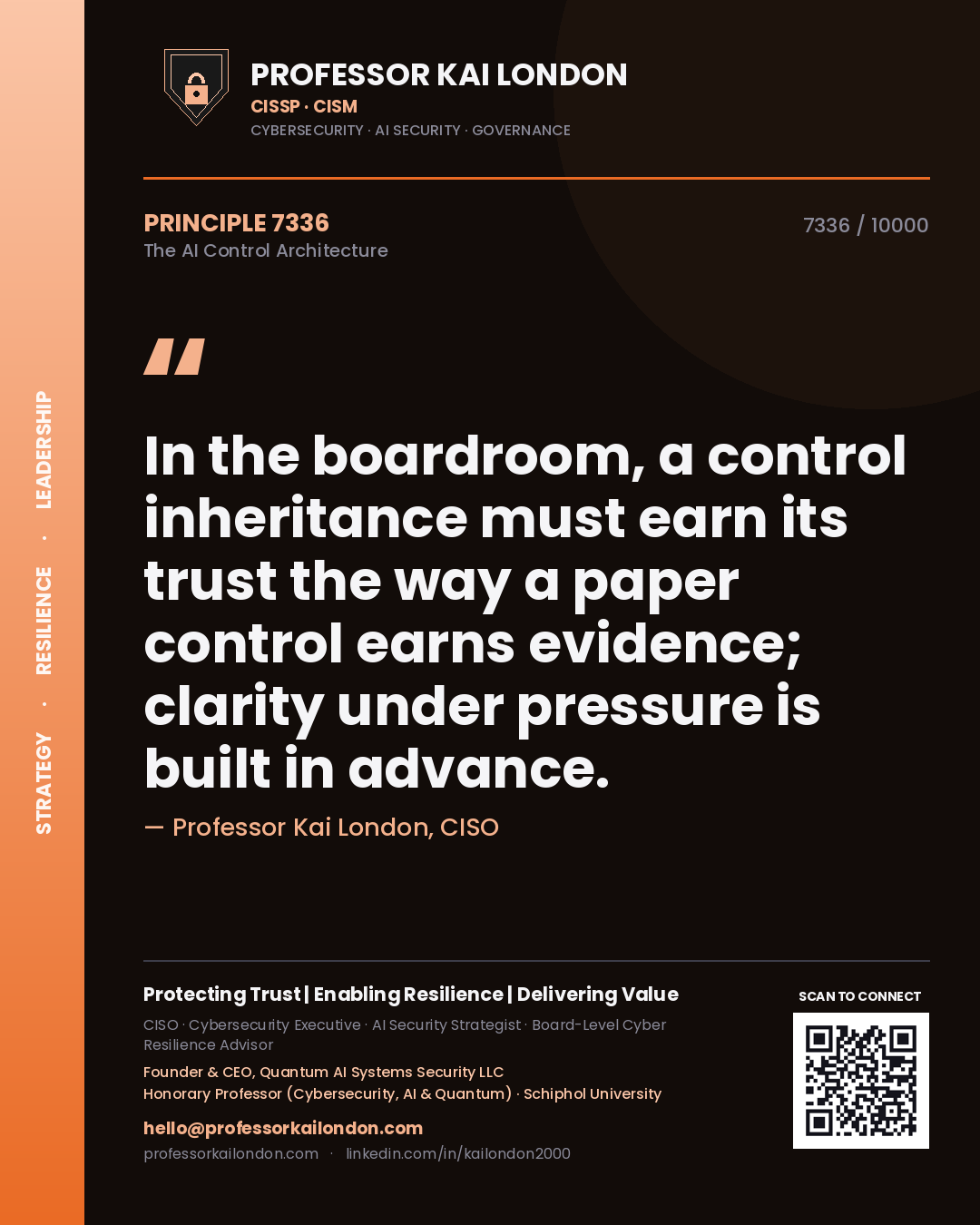 Professor Kai London principle 7336: In the boardroom, a control inheritance must earn its trust the way a paper control earns evidence; clarity under pressure is built in advance.