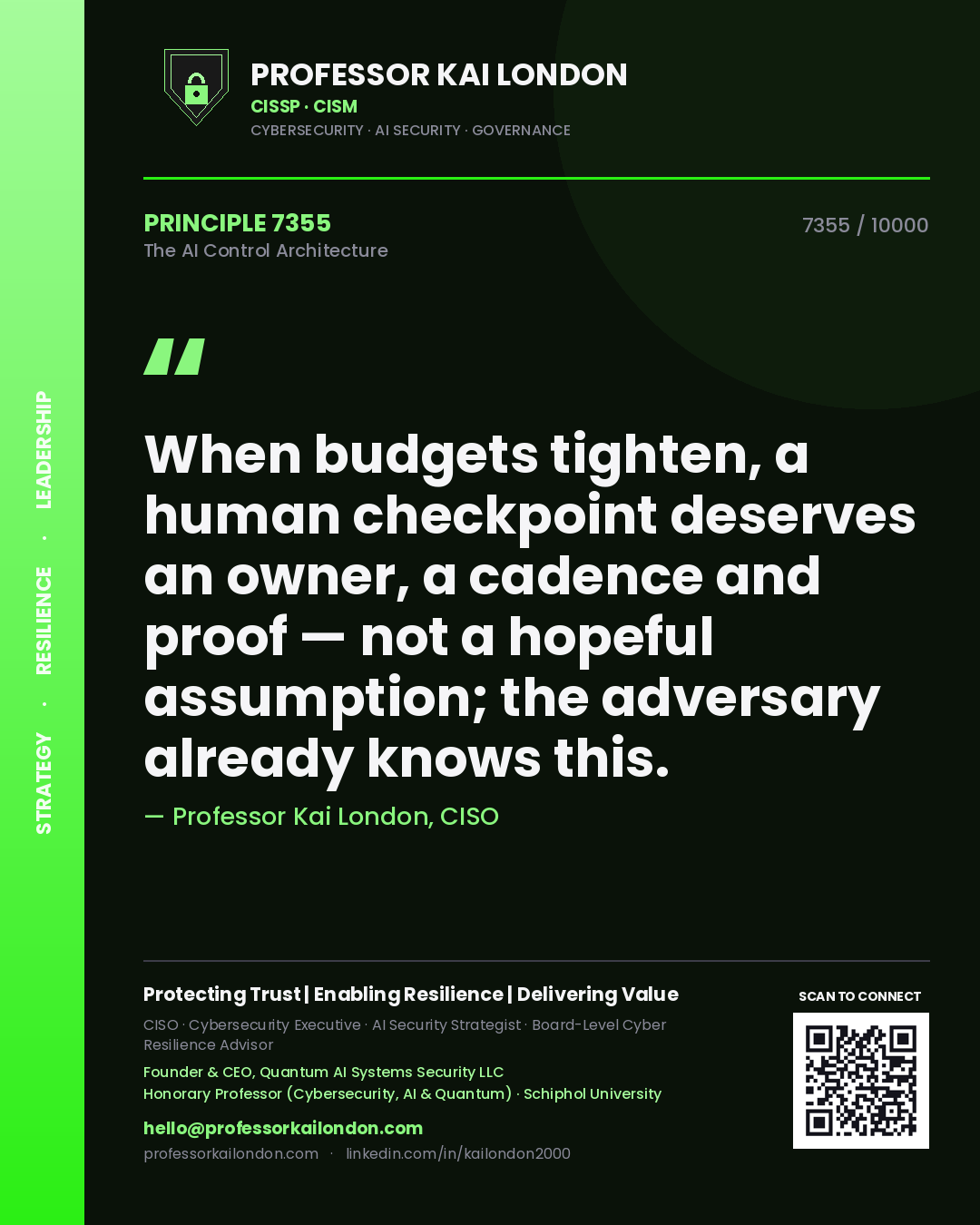Professor Kai London principle 7355: When budgets tighten, a human checkpoint deserves an owner, a cadence and proof — not a hopeful assumption; the adversary already knows this.