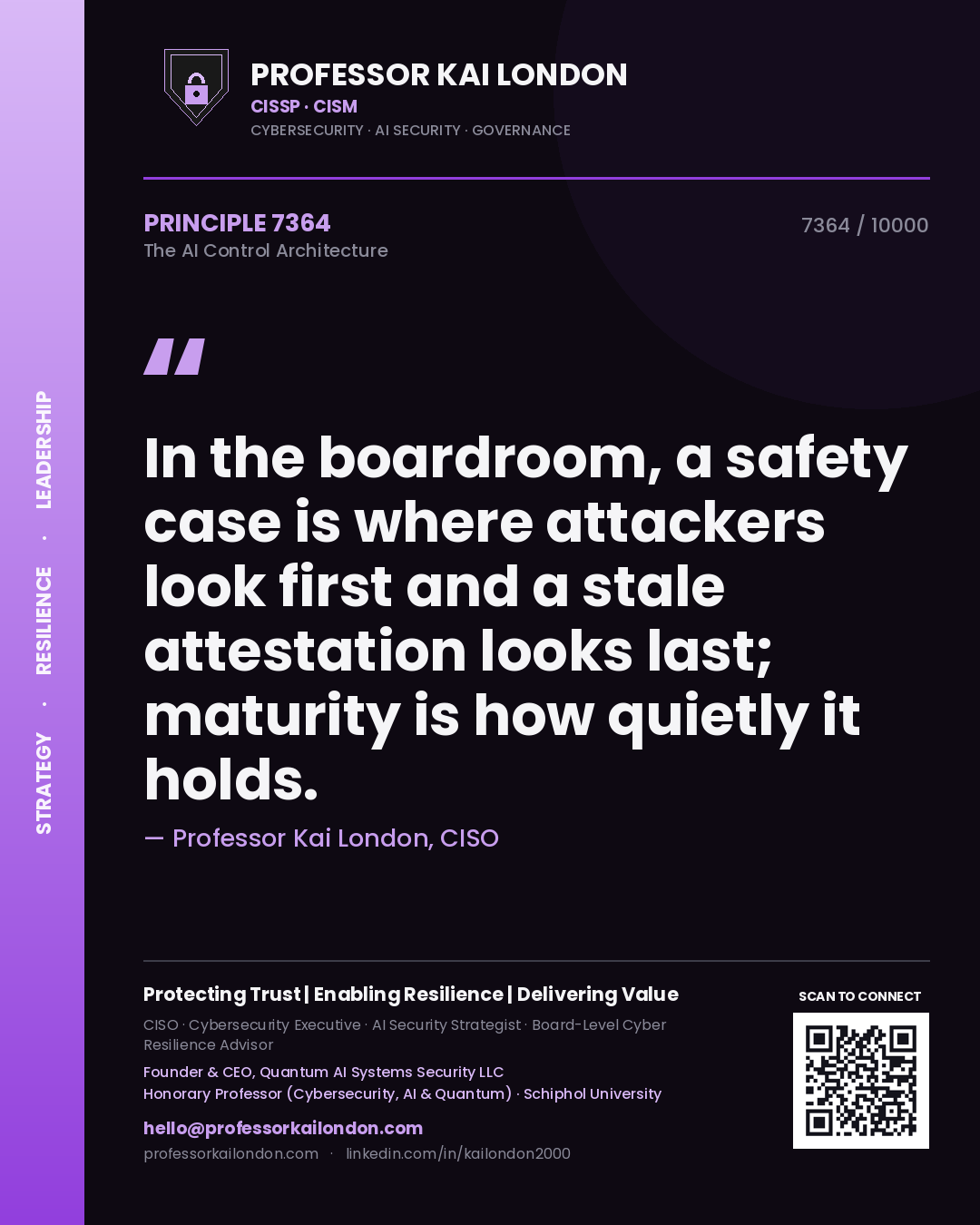 Professor Kai London principle 7364: In the boardroom, a safety case is where attackers look first and a stale attestation looks last; maturity is how quietly it holds.