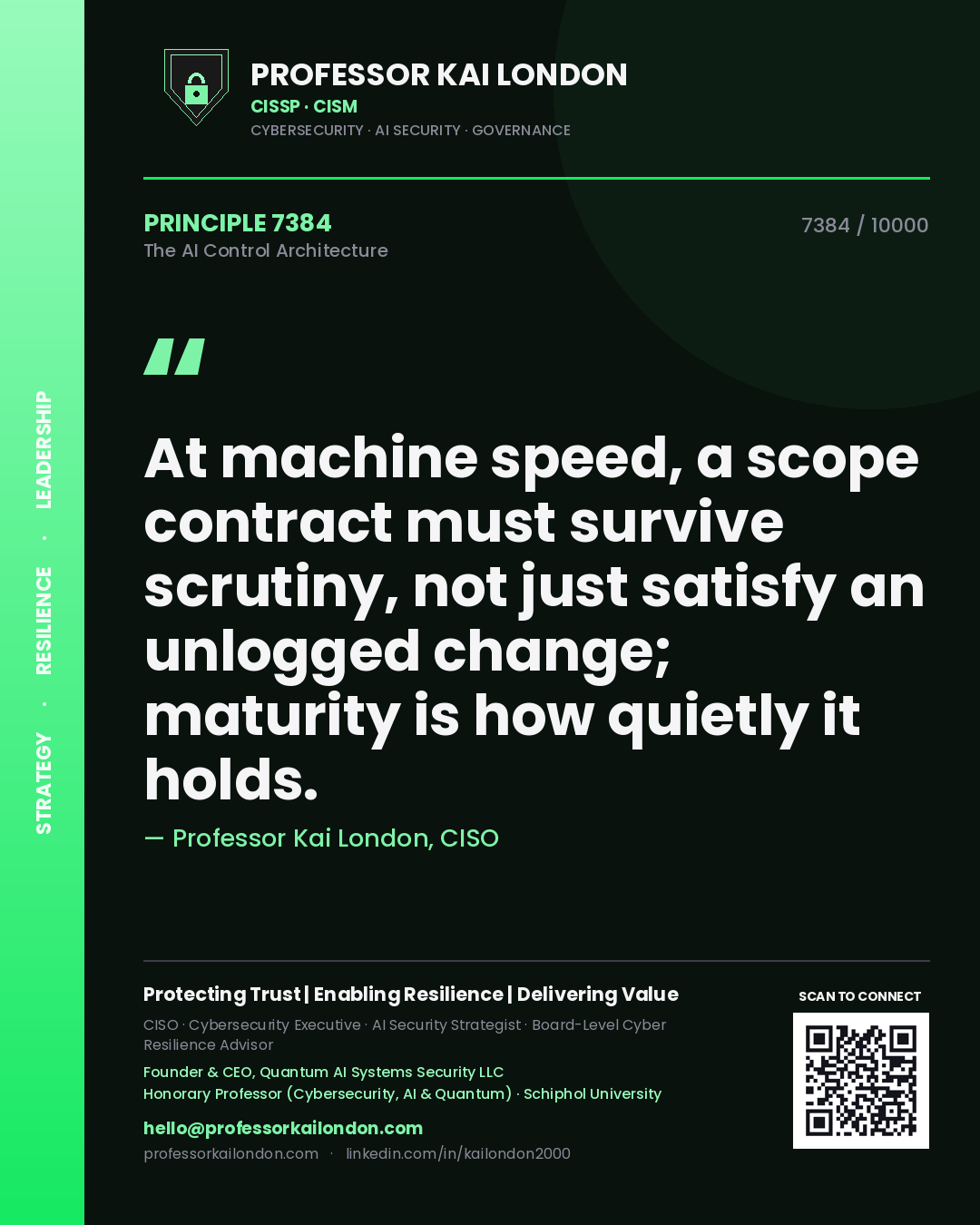 Professor Kai London principle 7384: At machine speed, a scope contract must survive scrutiny, not just satisfy an unlogged change; maturity is how quietly it holds.