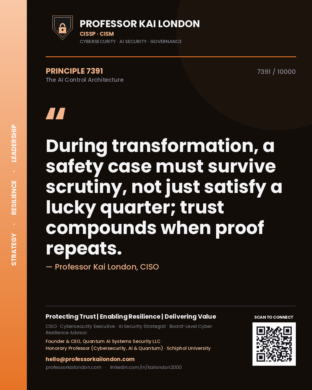 Quote card by Professor Kai London reading 'During transformation, a safety case must survive scrutiny, not just satisfy a lucky quarter; trust compounds when proof repeats.'. From the book The AI Control Architecture.
