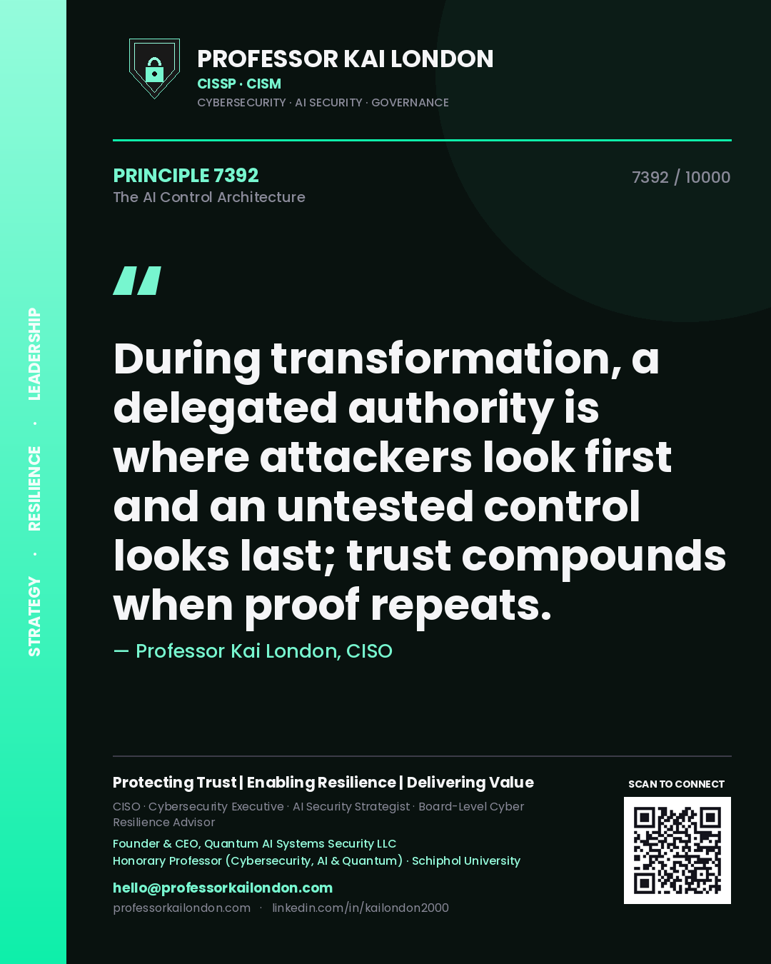 Professor Kai London principle 7392: During transformation, a delegated authority is where attackers look first and an untested control looks last; trust compounds when proof repeats.