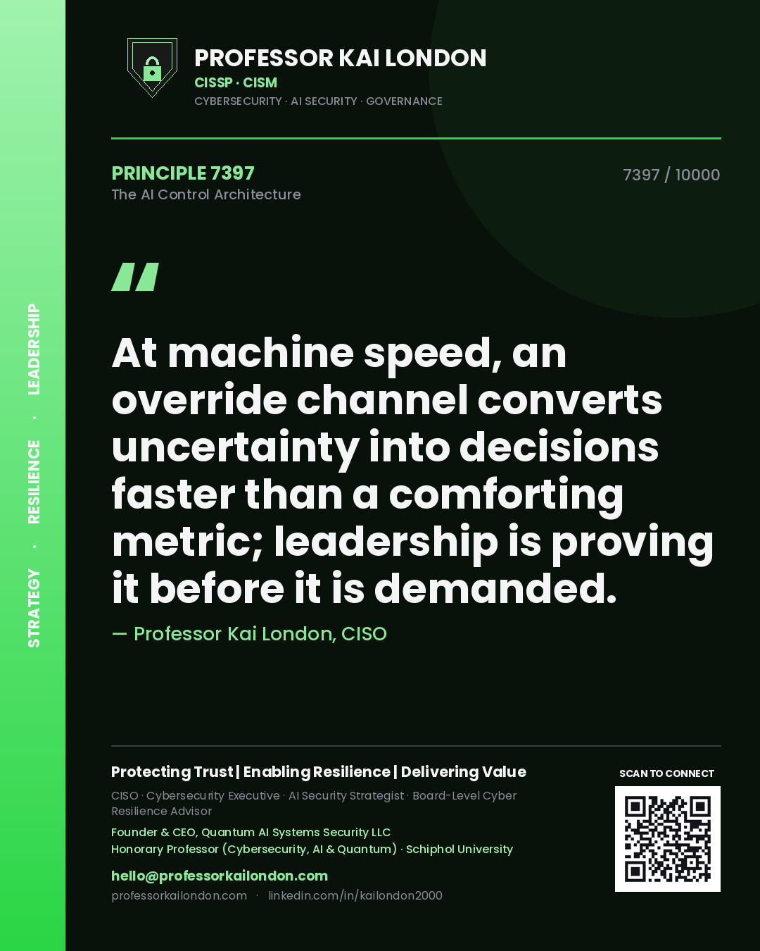 Professor Kai London principle 7397: At machine speed, an override channel converts uncertainty into decisions faster than a comforting metric; leadership is proving it before it is demanded.