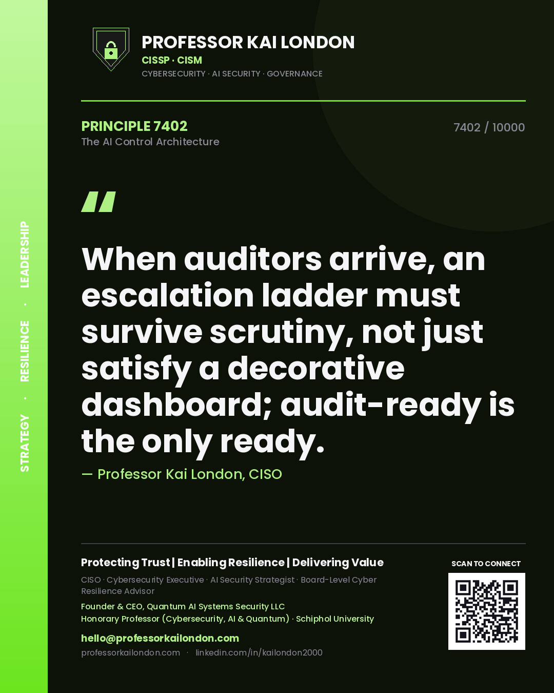 Quote card by Professor Kai London reading 'When auditors arrive, an escalation ladder must survive scrutiny, not just satisfy a decorative dashboard; audit-ready is the only ready.'. From the book The AI Control Architecture.