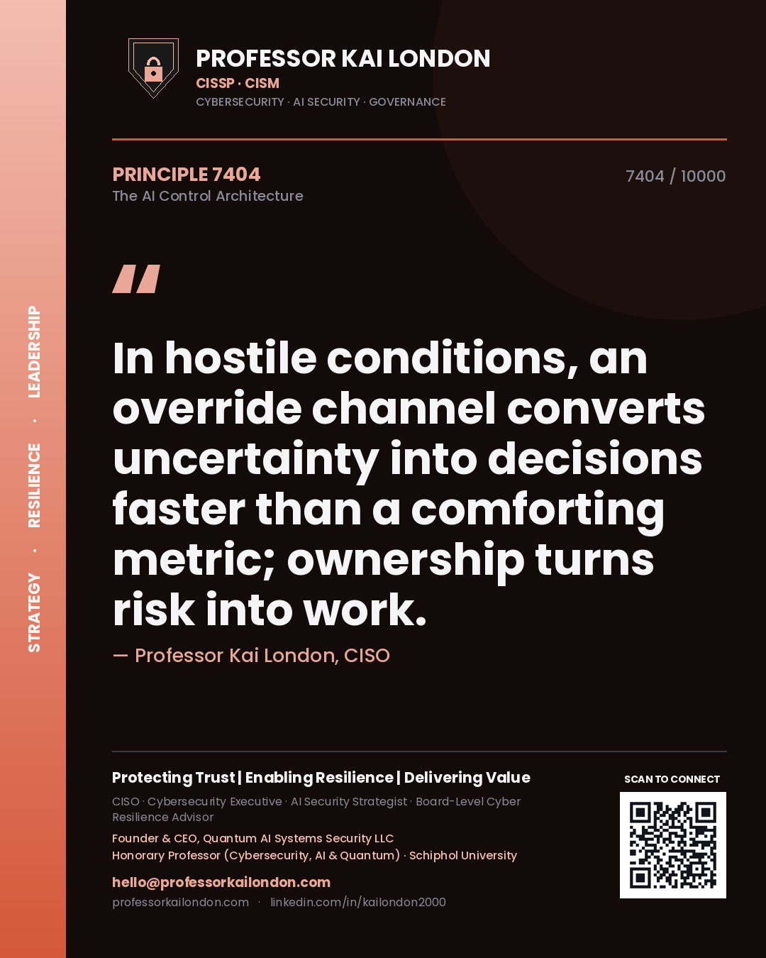 Quote card by Professor Kai London reading 'In hostile conditions, an override channel converts uncertainty into decisions faster than a comforting metric; ownership turns risk into work.'. From the book The AI Control Architecture.