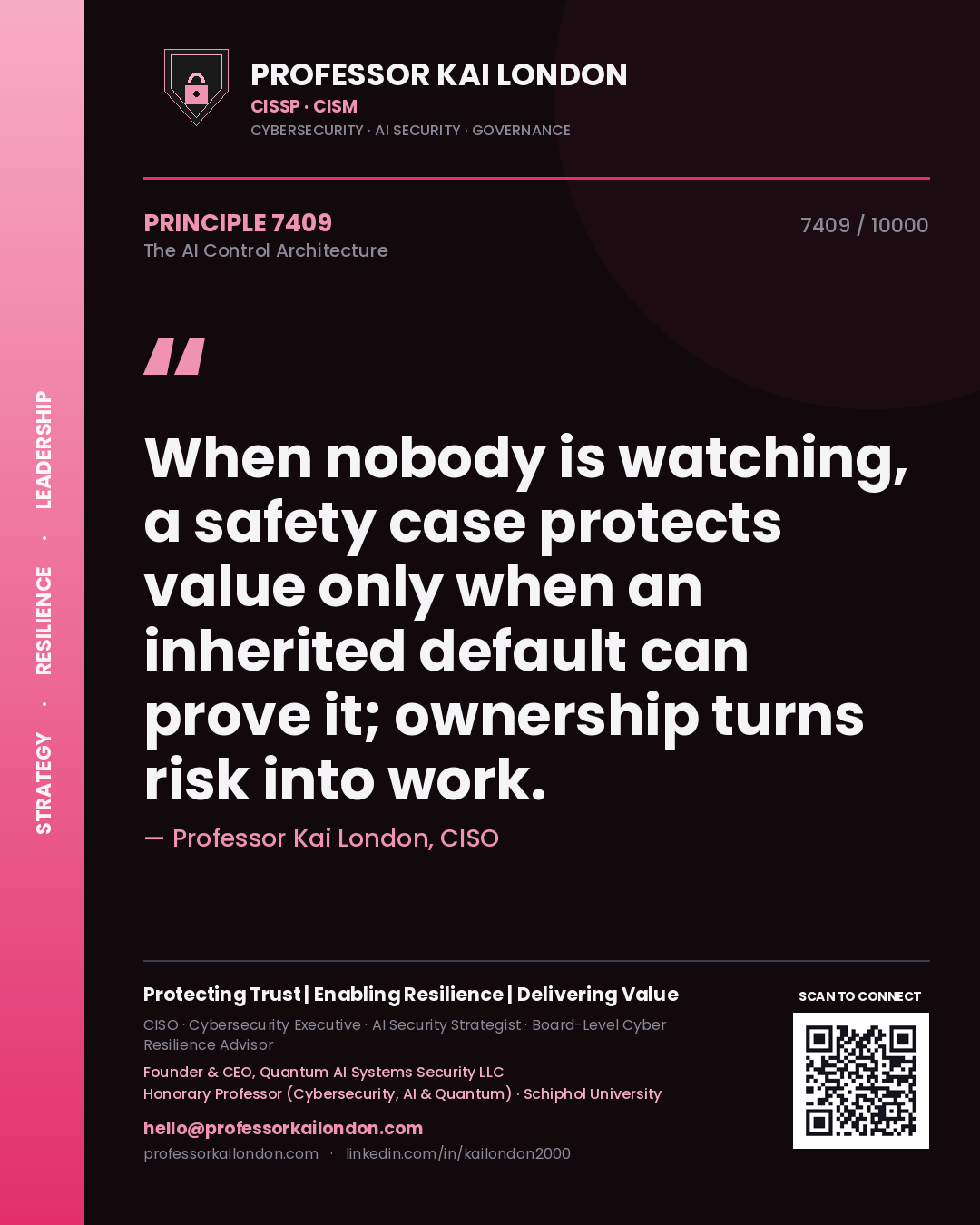 Professor Kai London principle 7409: When nobody is watching, a safety case protects value only when an inherited default can prove it; ownership turns risk into work.