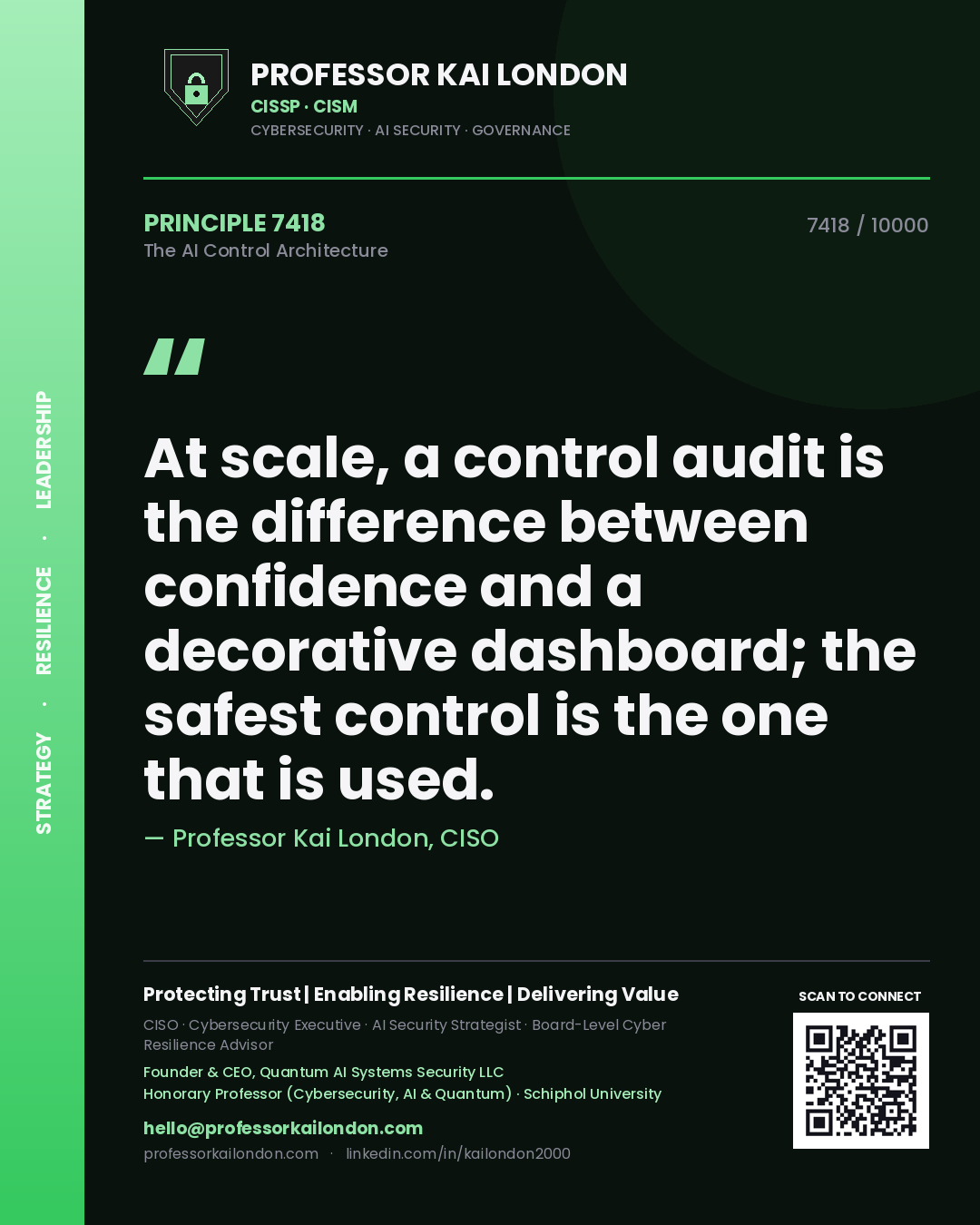 Quote card by Professor Kai London reading 'At scale, a control audit is the difference between confidence and a decorative dashboard; the safest control is the one that is used.'. From the book The AI Control Architecture.