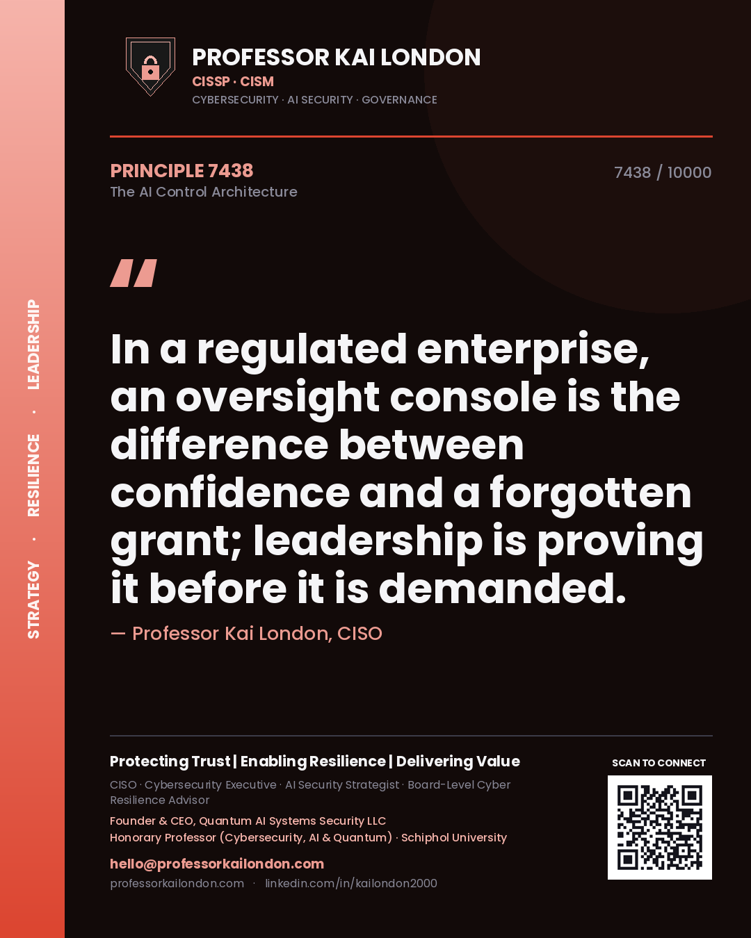 Quote card by Professor Kai London reading 'In a regulated enterprise, an oversight console is the difference between confidence and a forgotten grant; leadership is proving it before it is demanded.'. From the book The AI Control Architecture.