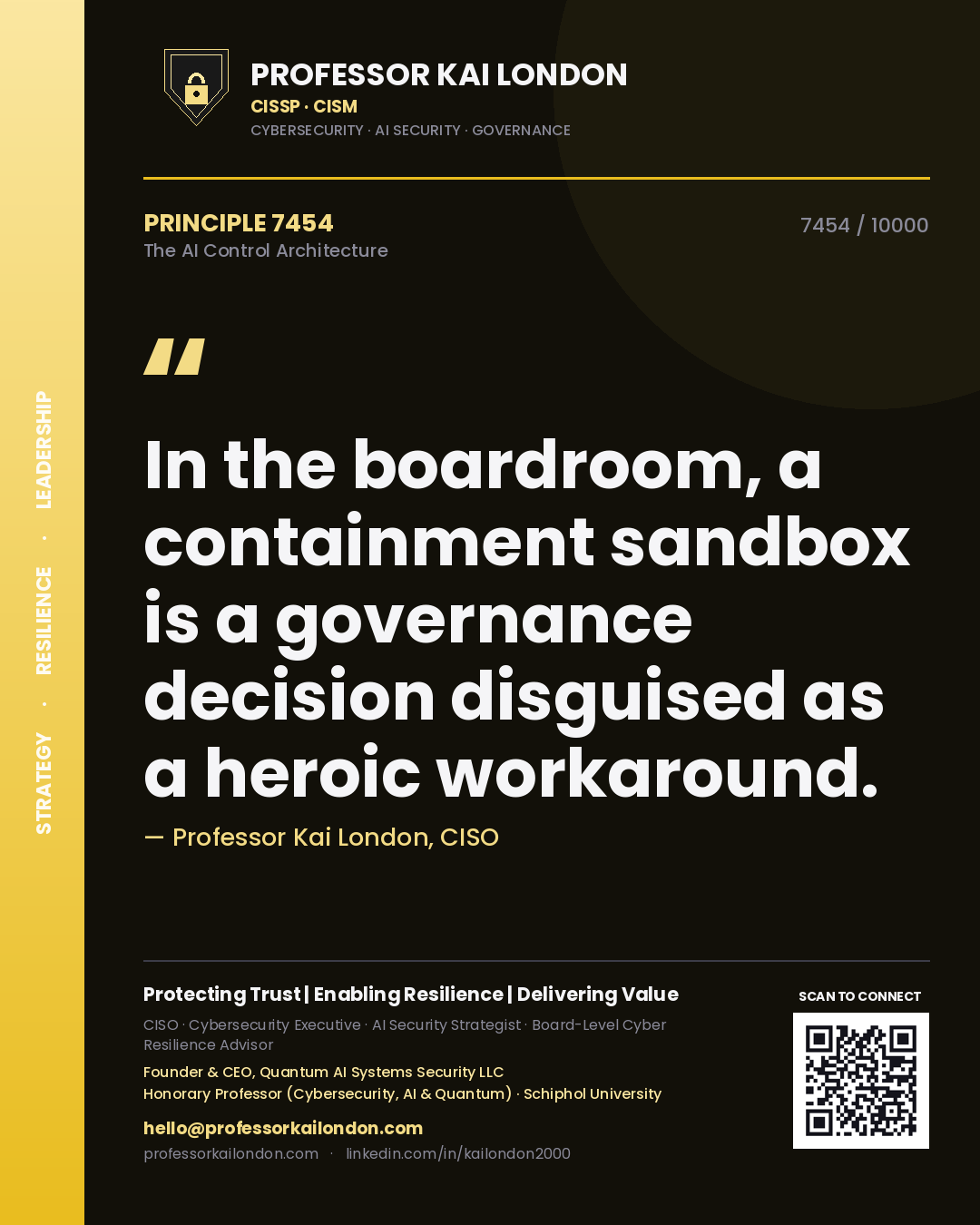 Quote card by Professor Kai London reading 'In the boardroom, a containment sandbox is a governance decision disguised as a heroic workaround.'. From the book The AI Control Architecture.
