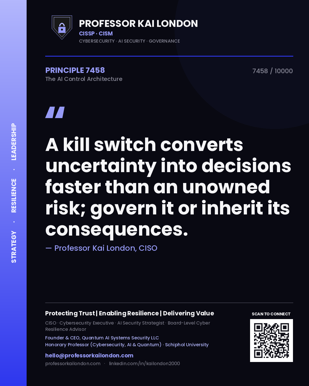 Quote card by Professor Kai London reading 'A kill switch converts uncertainty into decisions faster than an unowned risk; govern it or inherit its consequences.'. From the book The AI Control Architecture.