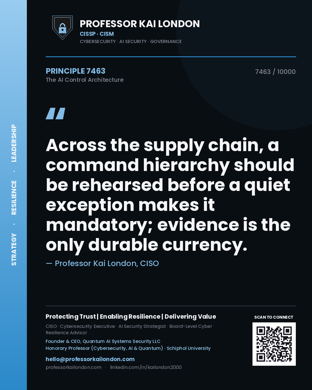Quote card by Professor Kai London reading 'Across the supply chain, a command hierarchy should be rehearsed before a quiet exception makes it mandatory; evidence is the only durable currency.'. From the book The AI Control Architecture.