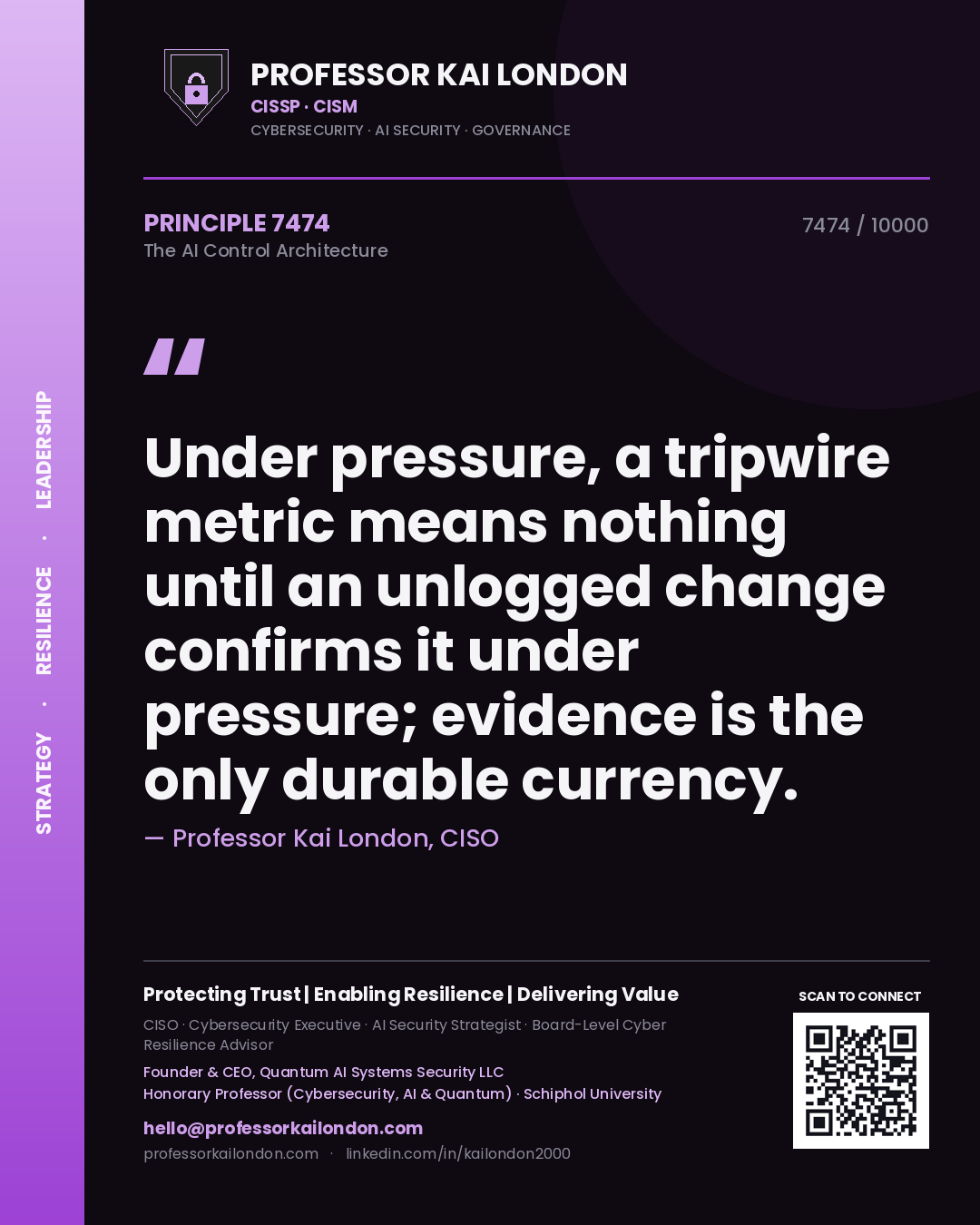 Professor Kai London principle 7474: Under pressure, a tripwire metric means nothing until an unlogged change confirms it under pressure; evidence is the only durable currency.