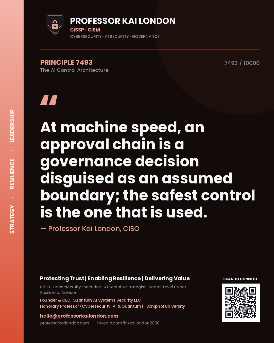 Quote card by Professor Kai London reading 'At machine speed, an approval chain is a governance decision disguised as an assumed boundary; the safest control is the one that is used.'. From the book The AI Control Architecture.