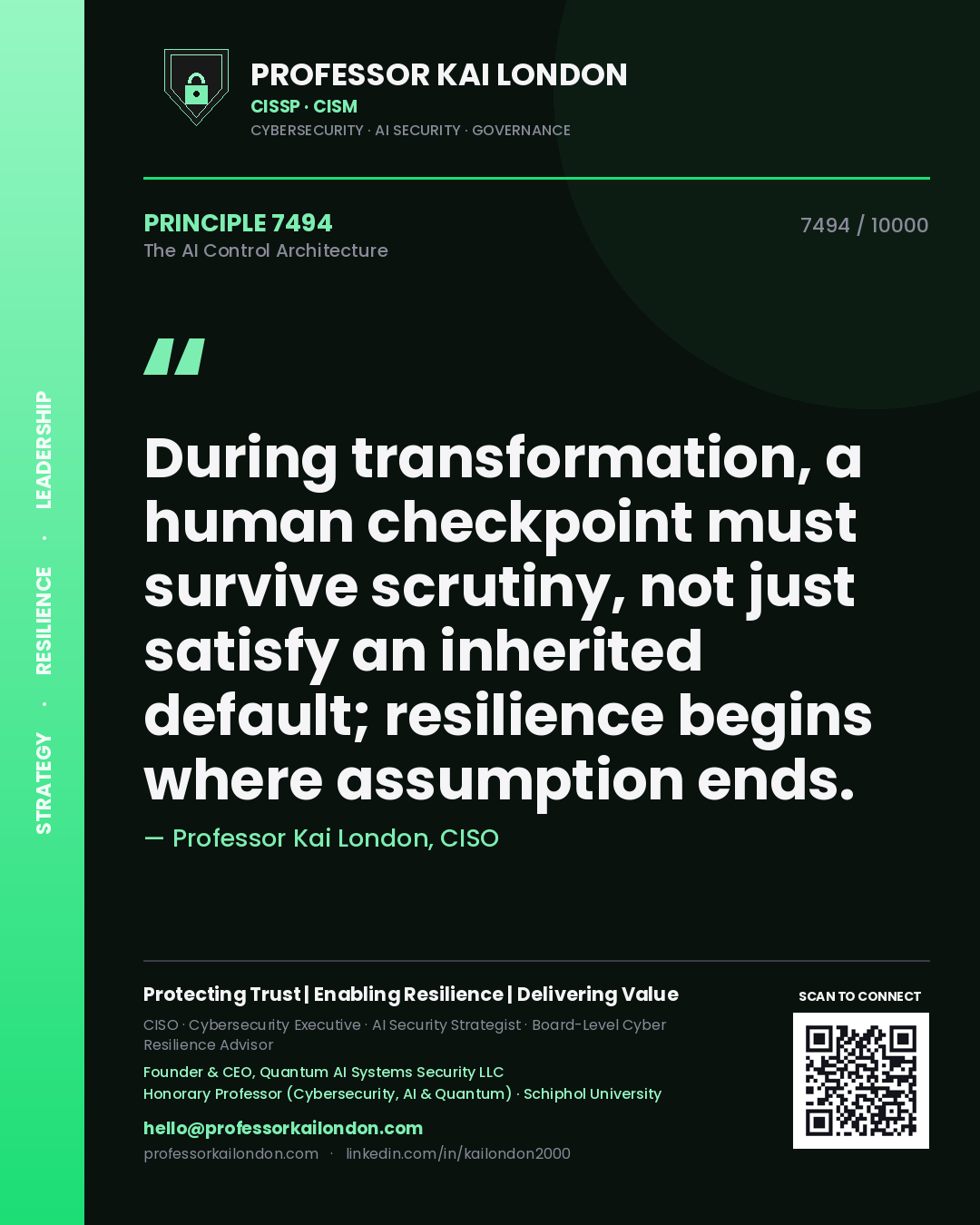 Professor Kai London principle 7494: During transformation, a human checkpoint must survive scrutiny, not just satisfy an inherited default; resilience begins where assumption ends.