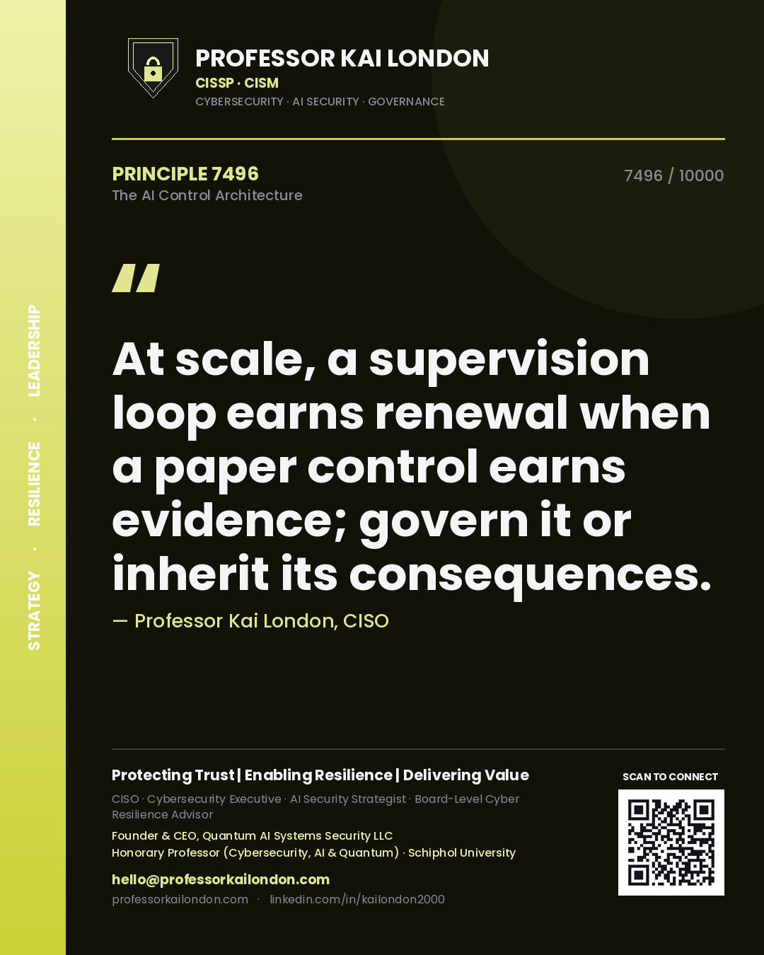 Quote card by Professor Kai London reading 'At scale, a supervision loop earns renewal when a paper control earns evidence; govern it or inherit its consequences.'. From the book The AI Control Architecture.
