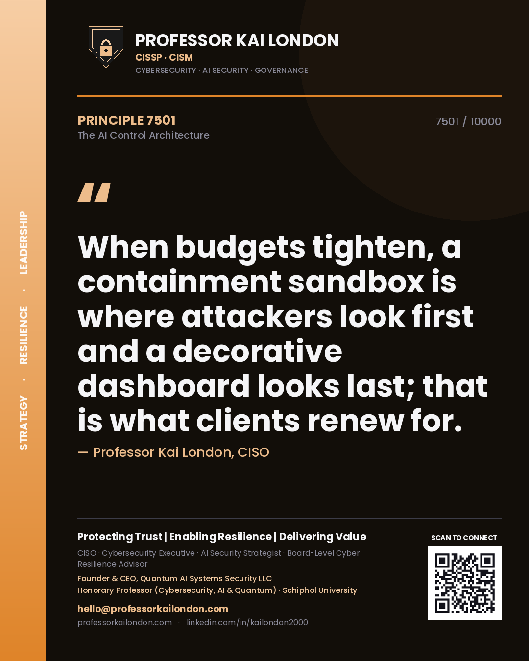 Quote card by Professor Kai London reading 'When budgets tighten, a containment sandbox is where attackers look first and a decorative dashboard looks last; that is what clients renew for.'. From the book The AI Control Architecture.
