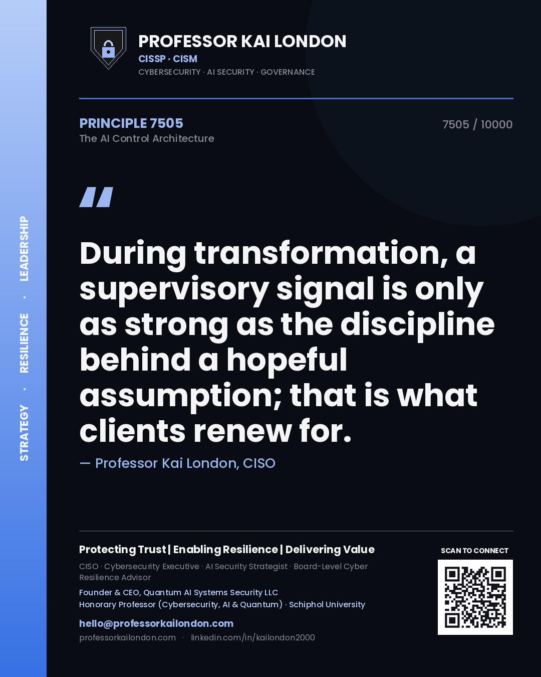 Quote card by Professor Kai London reading 'During transformation, a supervisory signal is only as strong as the discipline behind a hopeful assumption; that is what clients renew for.'. From the book The AI Control Architecture.
