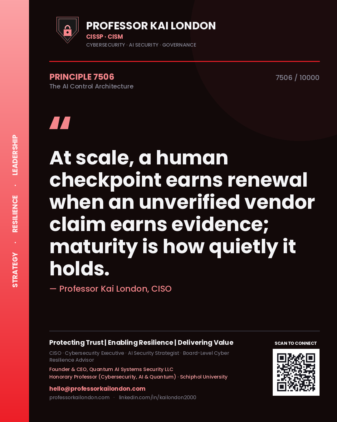 Quote card by Professor Kai London reading 'At scale, a human checkpoint earns renewal when an unverified vendor claim earns evidence; maturity is how quietly it holds.'. From the book The AI Control Architecture.