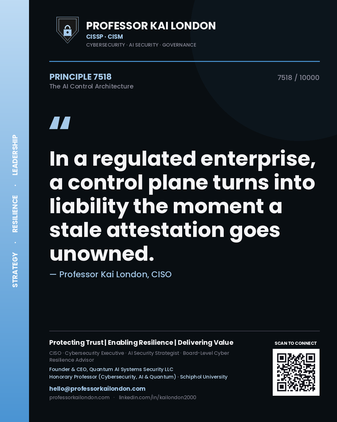 Quote card by Professor Kai London reading 'In a regulated enterprise, a control plane turns into liability the moment a stale attestation goes unowned.'. From the book The AI Control Architecture.