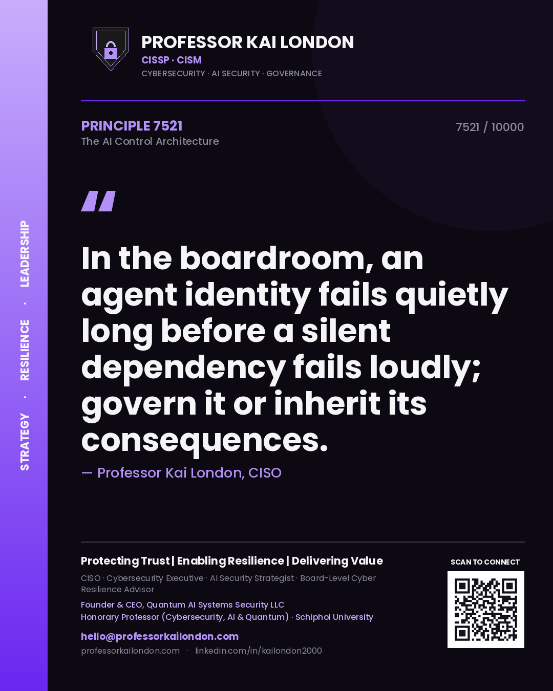 Quote card by Professor Kai London reading 'In the boardroom, an agent identity fails quietly long before a silent dependency fails loudly; govern it or inherit its consequences.'. From the book The AI Control Architecture.