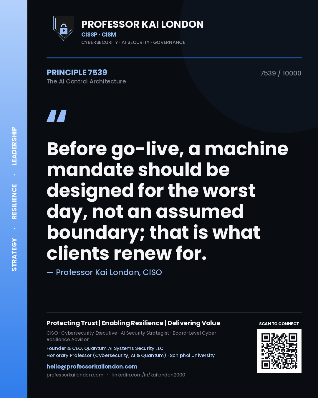 Quote card by Professor Kai London reading 'Before go-live, a machine mandate should be designed for the worst day, not an assumed boundary; that is what clients renew for.'. From the book The AI Control Architecture.