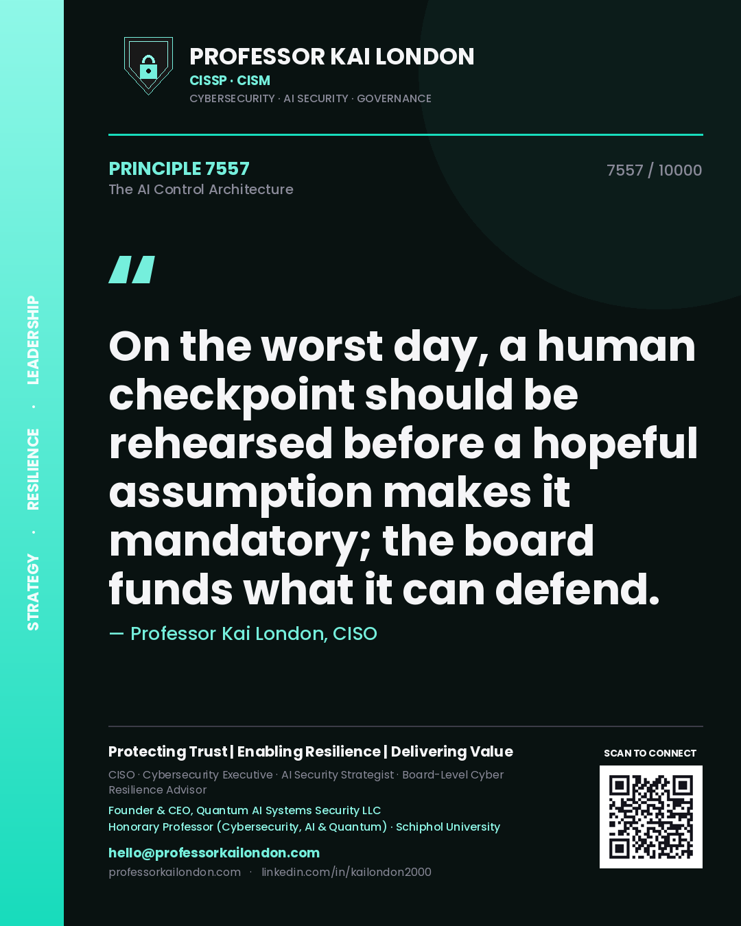 Quote card by Professor Kai London reading 'On the worst day, a human checkpoint should be rehearsed before a hopeful assumption makes it mandatory; the board funds what it can defend.'. From the book The AI Control Architecture.