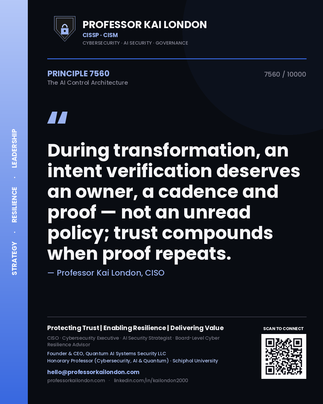 Quote card by Professor Kai London reading 'During transformation, an intent verification deserves an owner, a cadence and proof — not an unread policy; trust compounds when proof repeats.'. From the book The AI Control Architecture.