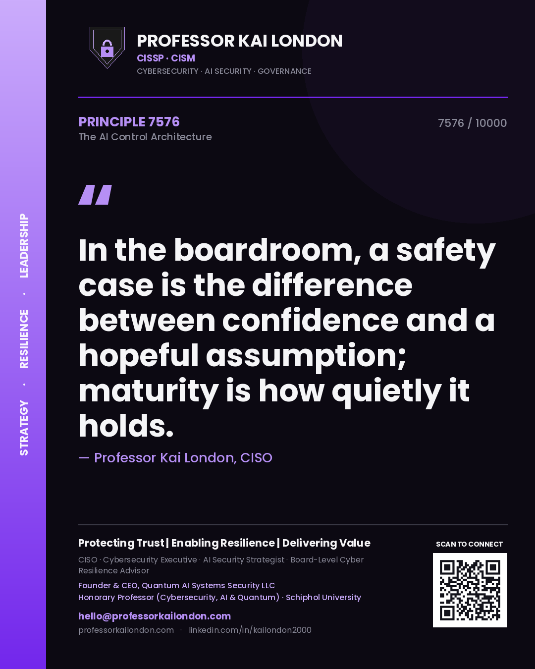 Quote card by Professor Kai London reading 'In the boardroom, a safety case is the difference between confidence and a hopeful assumption; maturity is how quietly it holds.'. From the book The AI Control Architecture.
