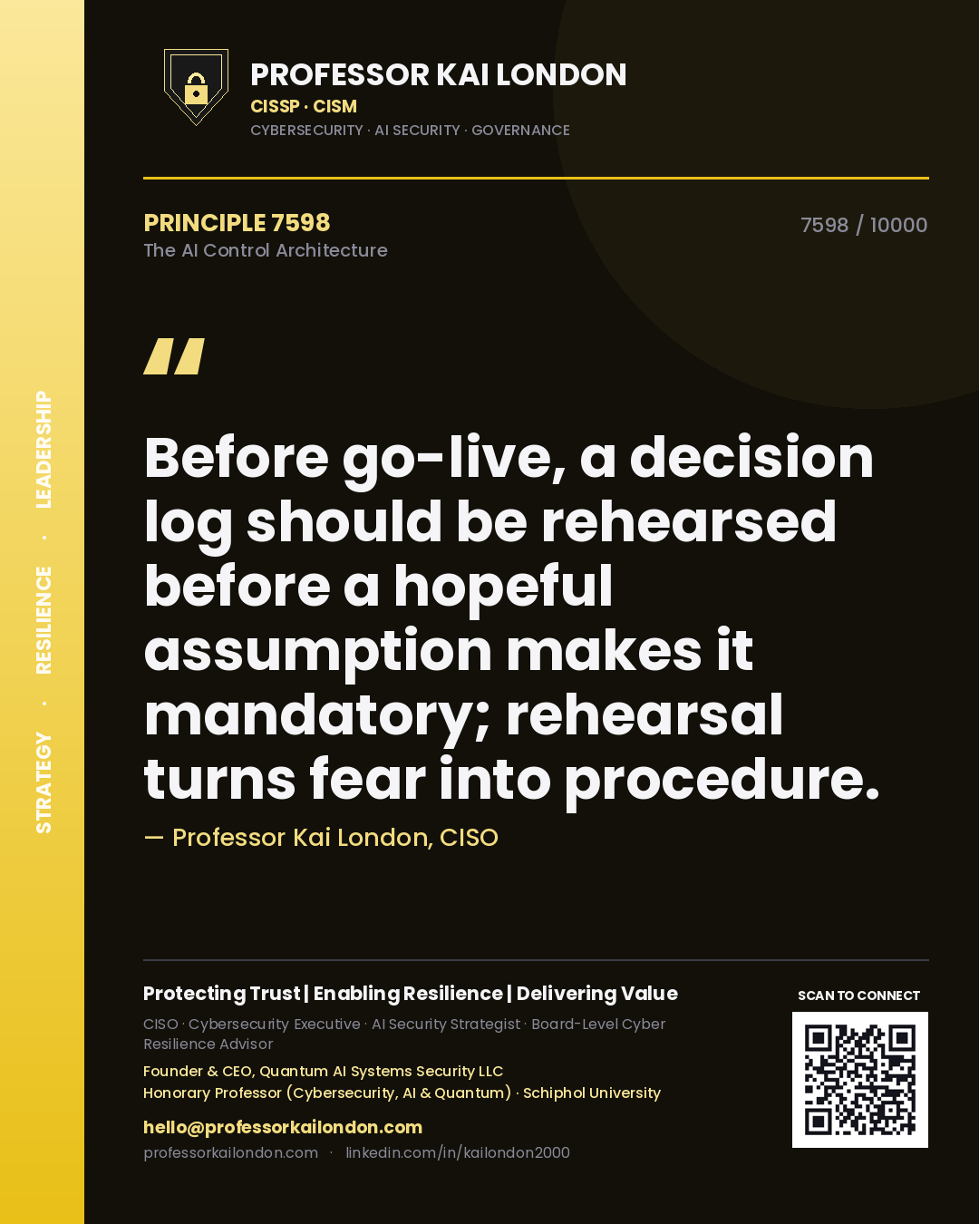 Quote card by Professor Kai London reading 'Before go-live, a decision log should be rehearsed before a hopeful assumption makes it mandatory; rehearsal turns fear into procedure.'. From the book The AI Control Architecture.