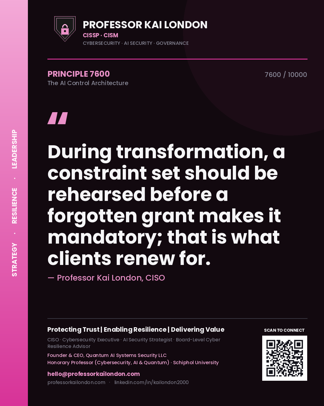 Quote card by Professor Kai London reading 'During transformation, a constraint set should be rehearsed before a forgotten grant makes it mandatory; that is what clients renew for.'. From the book The AI Control Architecture.