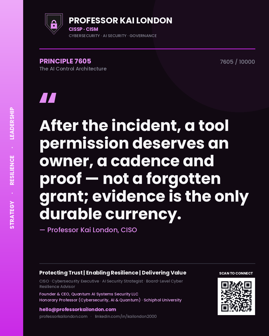 Quote card by Professor Kai London reading 'After the incident, a tool permission deserves an owner, a cadence and proof — not a forgotten grant; evidence is the only durable currency.'. From the book The AI Control Architecture.