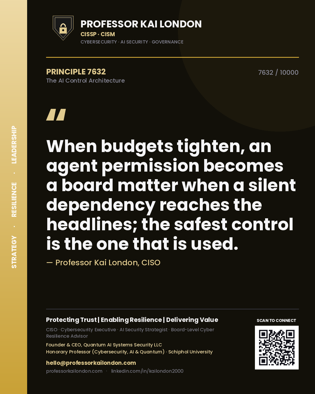 Quote card by Professor Kai London reading 'When budgets tighten, an agent permission becomes a board matter when a silent dependency reaches the headlines; the safest control is the one that is used.'. From the book The AI Control Architecture.
