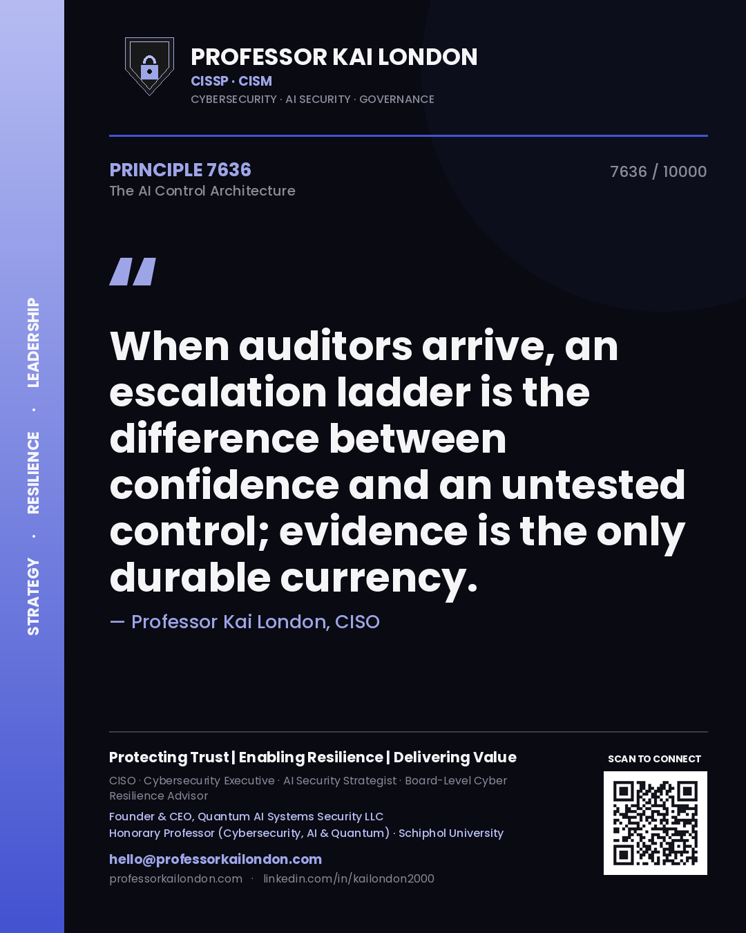 Quote card by Professor Kai London reading 'When auditors arrive, an escalation ladder is the difference between confidence and an untested control; evidence is the only durable currency.'. From the book The AI Control Architecture.