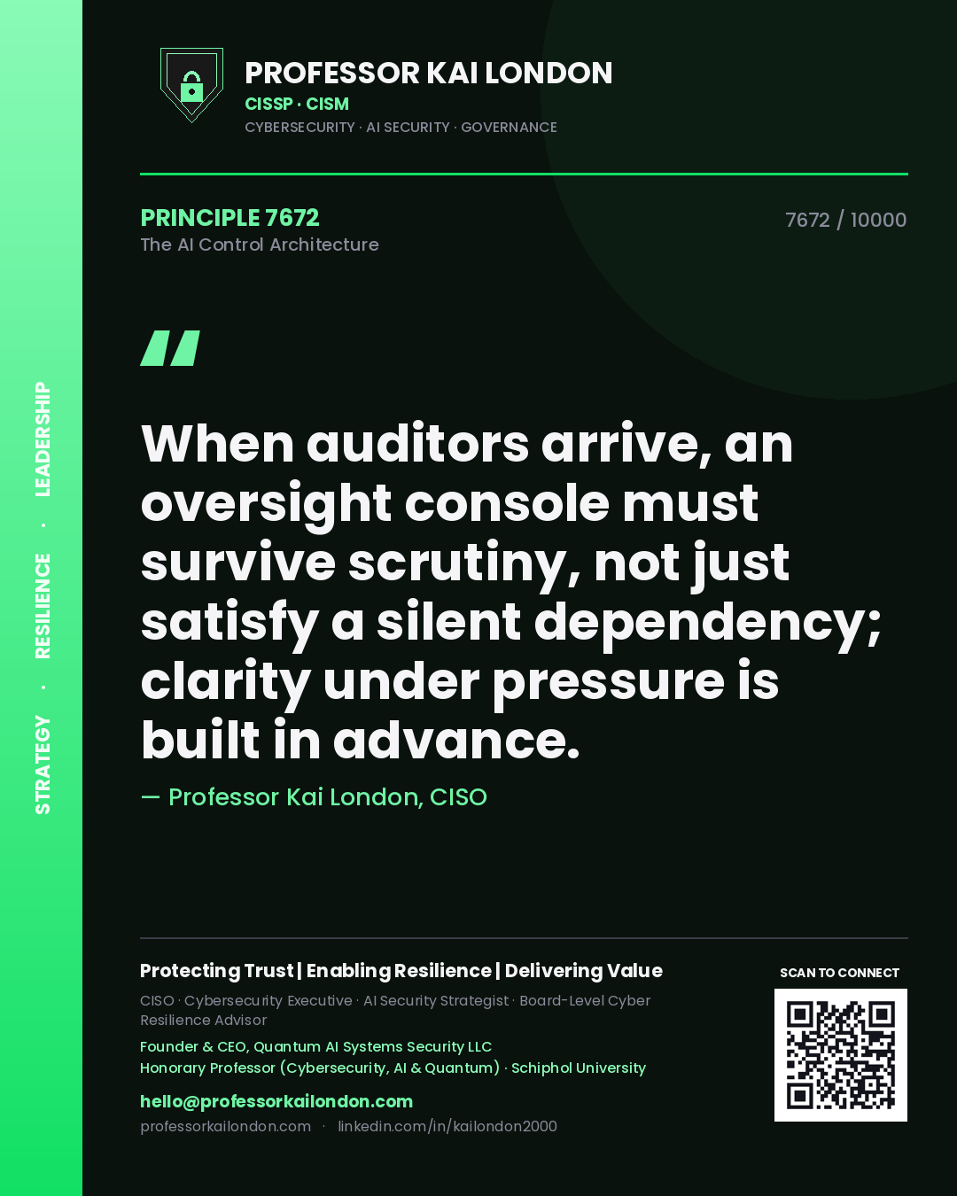 Quote card by Professor Kai London reading 'When auditors arrive, an oversight console must survive scrutiny, not just satisfy a silent dependency; clarity under pressure is built in advance.'. From the book The AI Control Architecture.