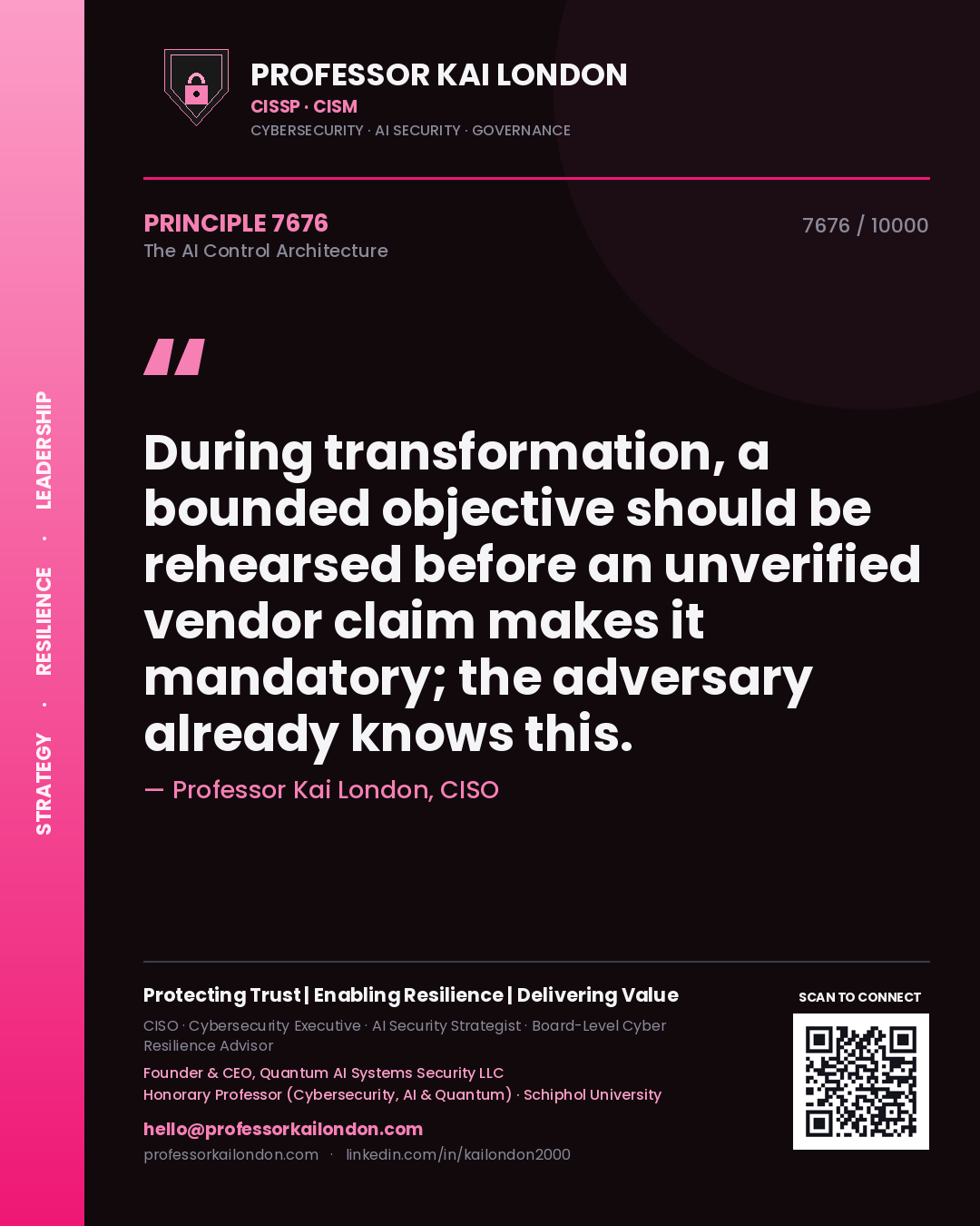 Quote card by Professor Kai London reading 'During transformation, a bounded objective should be rehearsed before an unverified vendor claim makes it mandatory; the adversary already knows this.'. From the book The AI Control Architecture.